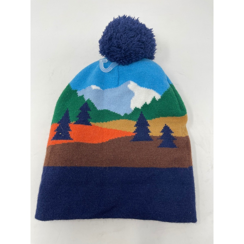 Cat & Jack Beanie Kids OSFM Blue New Mountain Landscape Pom Pom Knit Hat - Picture 2 of 5
